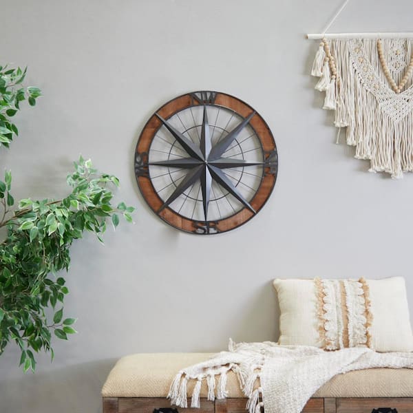Litton Lane Metal Gray Compass Sign Wall Decor with Wood Frame
