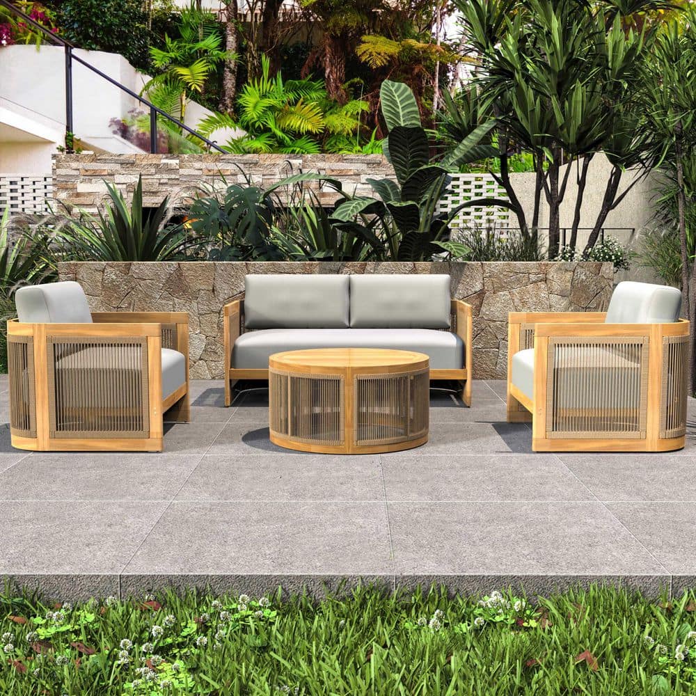 moda furnishings Guzal 4-Piece Acacia Wood Patio Outdoor Conversation ...