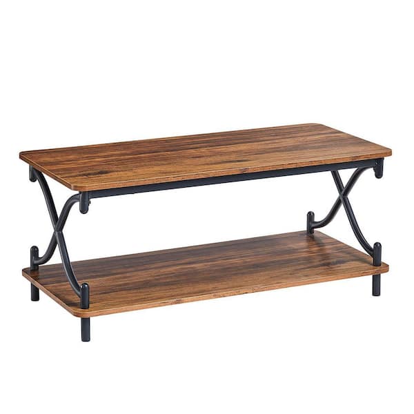 VECELO X-Design Coffee Table for Livingroom, 2 Tier rectangle coffee table ，Room Coffee Tables w/Storage Shelf，39.37"L，Brown
