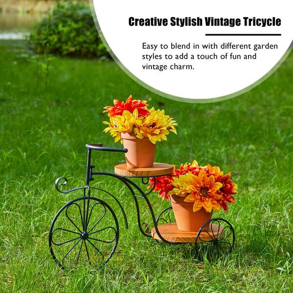 Glitzhome 24 in. L Black Metal Tricycle Planter Stand with Natural