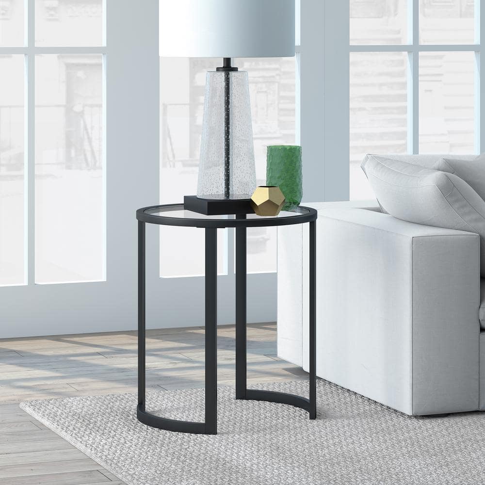 Blackened Bronze Round Metal and Glass Side Table