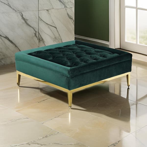 Benjara Green and Gold Velvet Square Accent Ottoman Medium