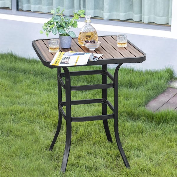 Black Square Metal Bar Height Outdoor Dining Table with Faux Wood Tabletop