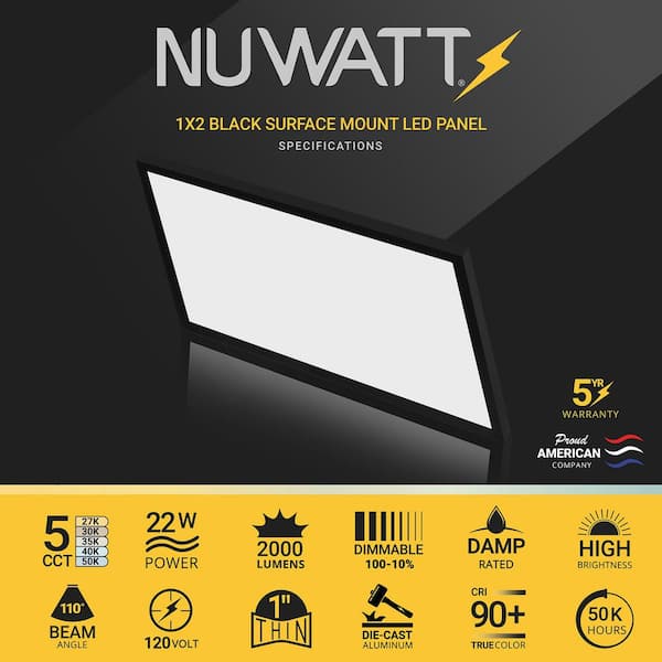 1 ft. x 2 ft. Black Surface Mount 2000LM, Integrated LED Panel Internal Driver, 5CCT 2700K to 5000K, Triac Dimmable, 22W