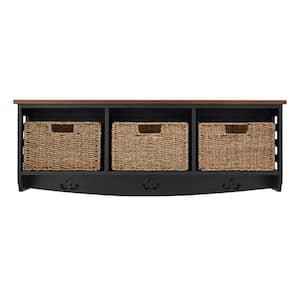 9.7 in. H x 40 in. W x 9.5 in. D Black and Walnut Wood Floating Decorative Cubby Wall Shelf with Hooks and Baskets