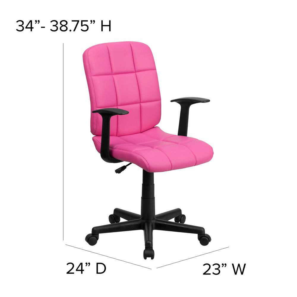 Elegant Mid-Back Pink Quilted Vinyl Swivel Task Chair with Arms