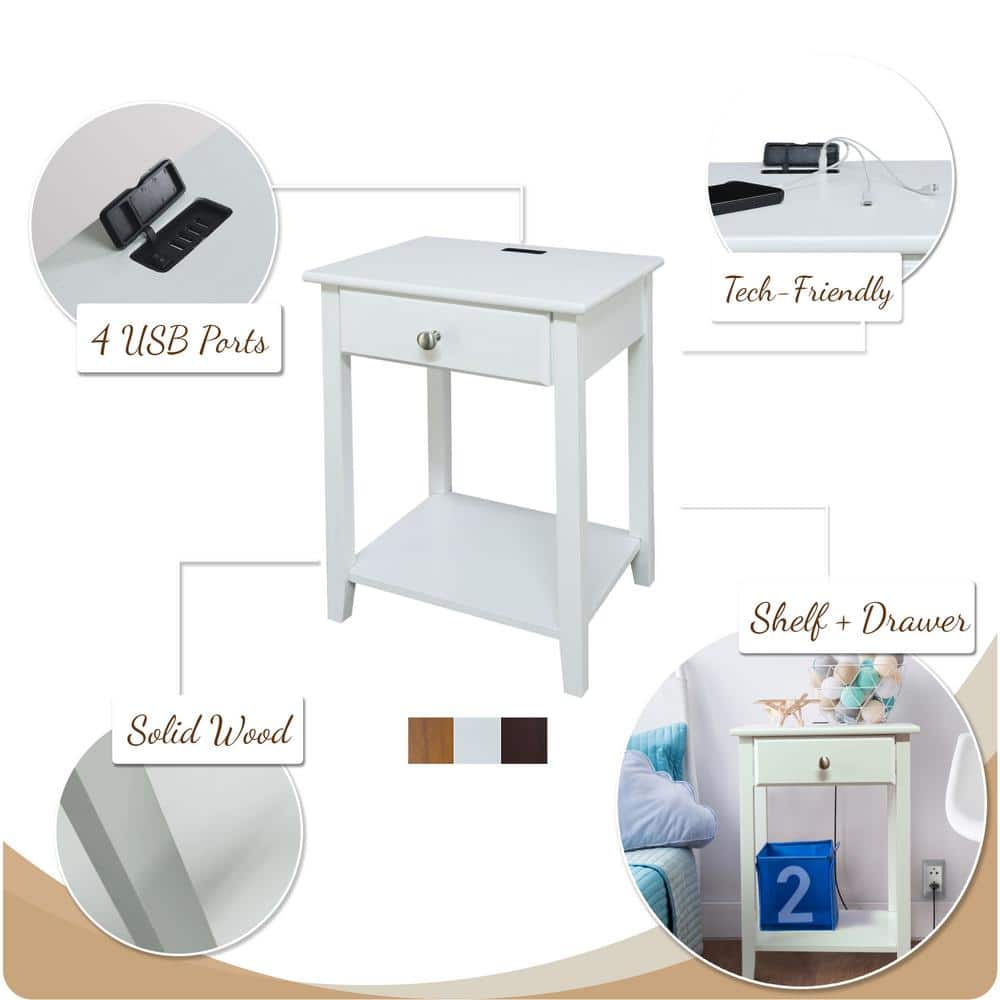 Warm Brown Solid Wood Nightstand with USB Charging Station