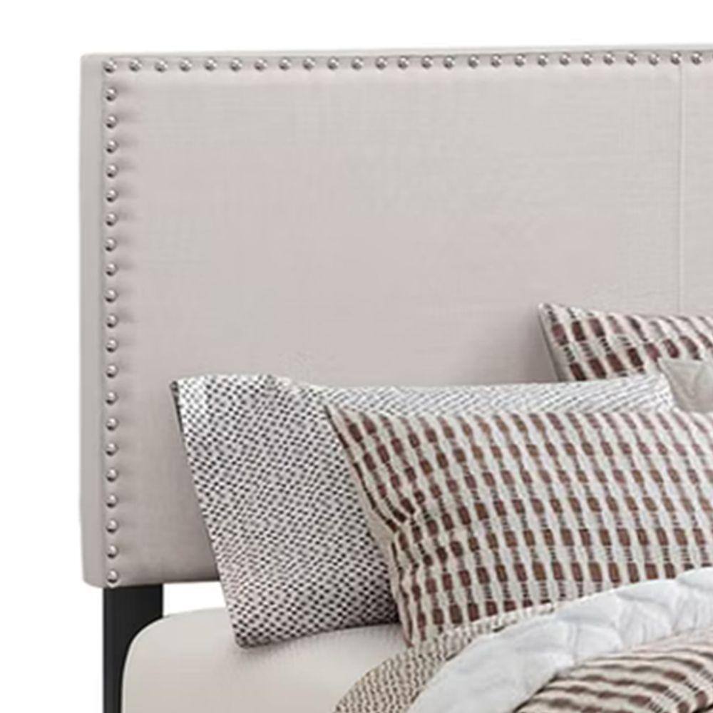 Ivory Upholstered Queen Platform Bed with Nailhead Trim and Wood Frame