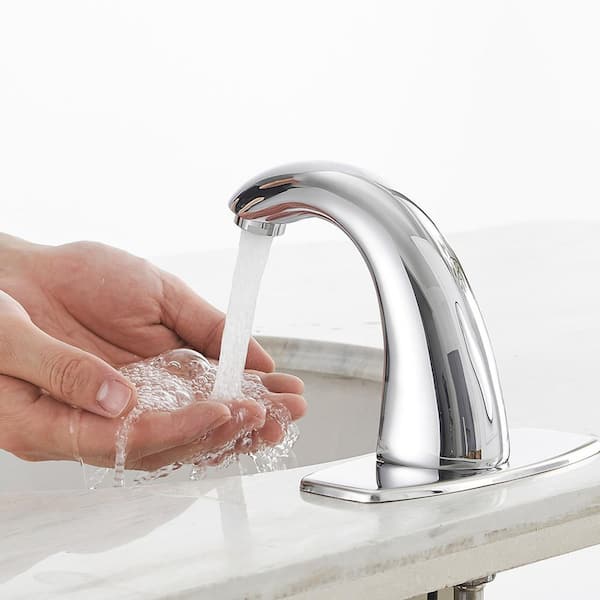 Automatic Sensor Touchless Bathroom Sink Faucet With Deck Plate and Pop Up Drain in Polished Chrome