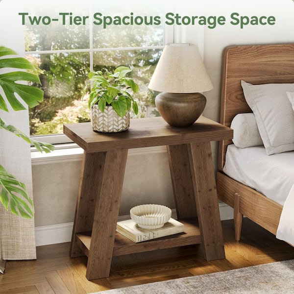 Farmhouse 15.74 in. Brown Solid Wood Rectangular End Table with Sturdy Base and Rustic Design for Living Room or Bedroom