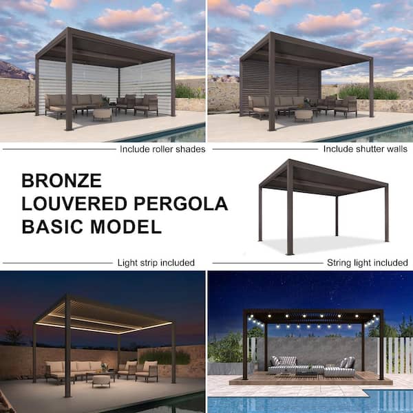 12 ft. x 14 ft. Bronze Aluminum Frame Patio Hardtop Louvered Pergola with Adjustable Sunshade Roofs and In-Built Gutter