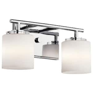 Ohara 13 in. 2-Light Chrome Halogen Transitional Bathroom Vanity Light with Etched Glass Shade