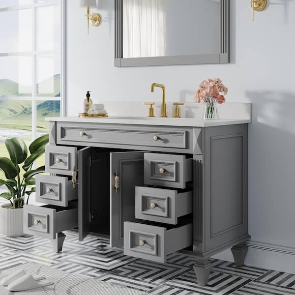 48 in. W x 22. in D. x 35 in. H Solid Wood Bath Vanity in Titanium Gray with Quartz Top, Single Sink, Soft-Close Drawers