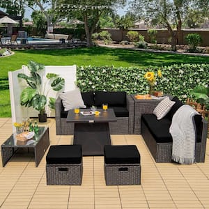9-Piece Wicker Furniture Patio Conversation Set Fire Pit Space- Sving with Cover Black Cushion Cover