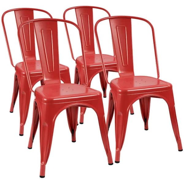 LACOO 18 in. Light Red Metal Dining Chairs Stackable Indoor Outdoor Chair Patio kitchen Chair (Set of 4)