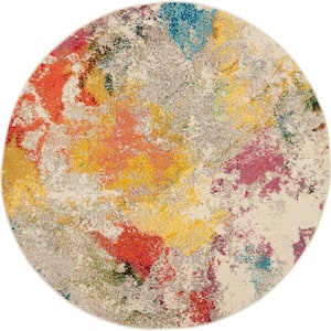 Celestial Ivory/Multicolor 4 ft. x 4 ft. Abstract Art Deco Round Area Rug