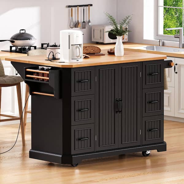 Black Rubber Wood 55.5 in. Kitchen Island with Veneer Drop Leaf, Power Outlet, 4-Door Shelves