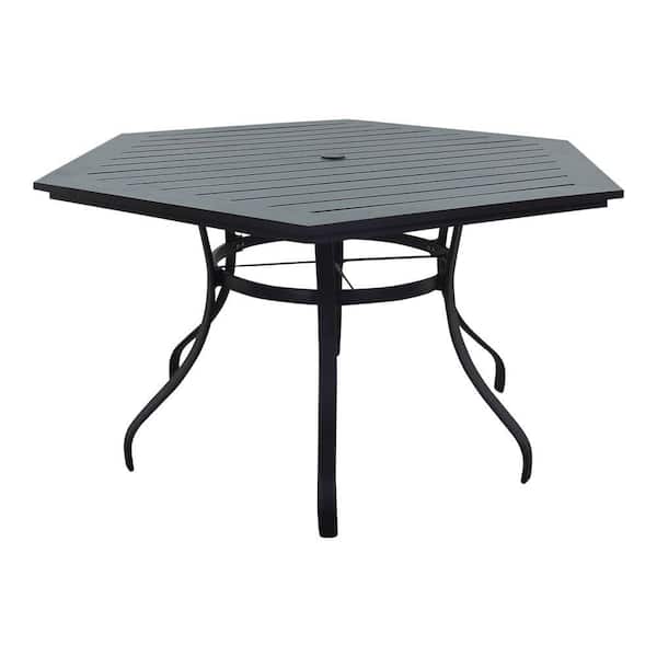 Courtyard Casual Santa Fe 60 in. Hexagon Aluminum Table with Slat Top and Umbrella Hole in Java