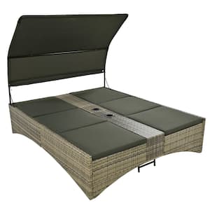 Green Wicker Outdoor Day Bed with Grey Cushions and Shelter Roof