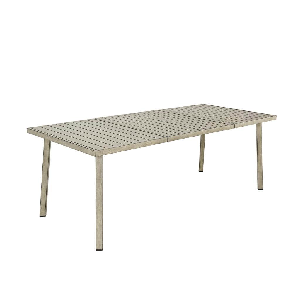 81.95. Rectangular Aluminum Outdoor Patio Dining Table with Umbrella Hole in Gray Oak