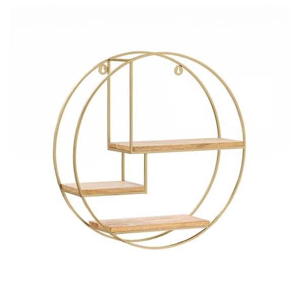 MH LONDON Marly 4.75 in x 19.5 in x 19.5 in. Gold and Natural Wood Iron and Wood Floating Decorative Round Wall Shelf