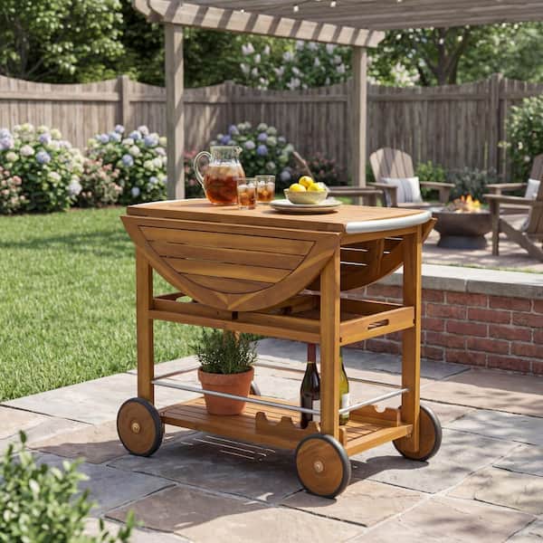 Gabriella Teak Solid Wood Patio Outdoor Bar Cart with Foldable Tabletop & Removable Trays