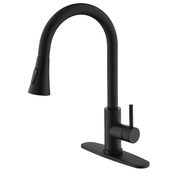 Tahanbath Single Handle Pull Out Sprayer Kitchen Faucet Deckplate Included in Matte Black