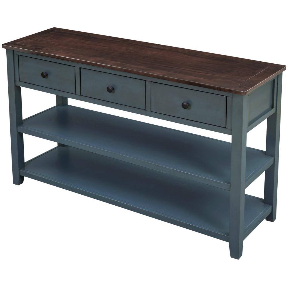 50" Navy Pine Wood Console Table with Storage Drawers and Shelves