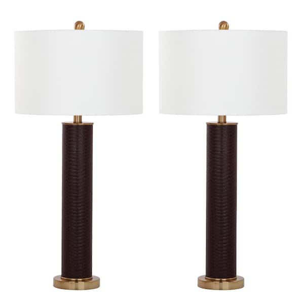 SAFAVIEH Ollie 31.5 in. Brown Faux Snakeskin Table Lamp with Off-White Shade (Set of 2)