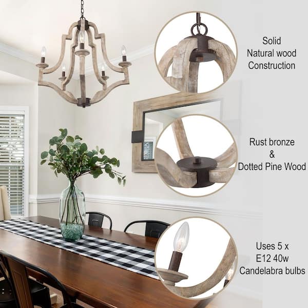 23.2 in. 5-Light Farmhouse Wood Kitchen Island Chandelier, French Country Candlestick Dining Room Foyer Chandelier