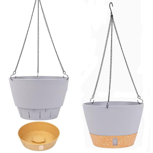 Large 8 in. Dia Light Grey Plastic Hanging Basket (2-Pack)