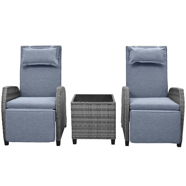 Boosicavelly 3-Piece Gray Wicker Outdoor Recliner with Blue-Gray Cushions and Coffee Table