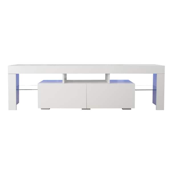Polibi Modern TV Stand Fits TV's up to 70 in. with Modern White TV Stand, 20 Colors LED TV Stand with Remote Control Lights