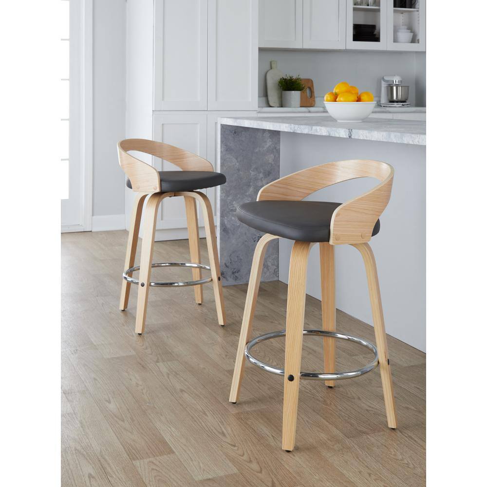 Natural Wood and Chrome Swivel Counter Stool with Grey Seat