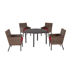 Fernlake 5-Piece Brown Wicker Outdoor Patio Dining Set with CushionGuard Chili Red Cushions