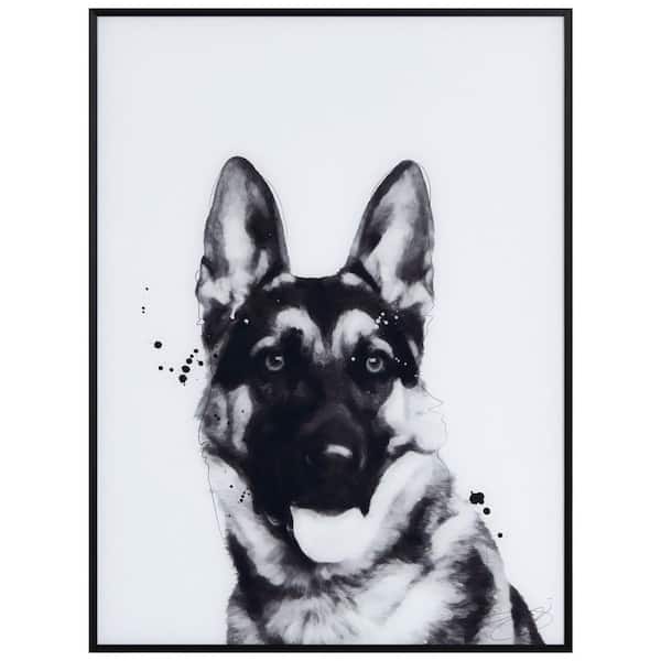 Empire Art Direct "German Shepherd" Black and White Pet Paintings on Printed Glass Encased with a Gunmetal Anodized Frame