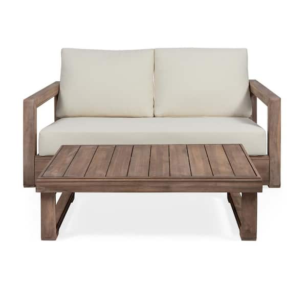Noble House Westchester Brown 2-Piece Wood Outdoor Patio Conversation Set with Beige Cushions