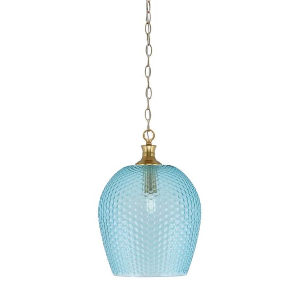 Unbranded Tyler 60-Watt 1-Light New Age Brass Chain Mini Pendant Light with Turquoise Textured Glass Shade