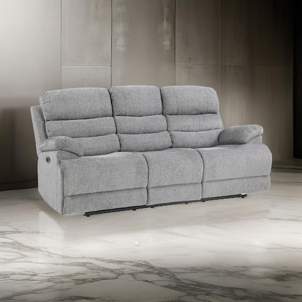 Benjara 83.5 in. Pillow Top Arm Chenille Rectangle Power Recliner Sofa in Gray