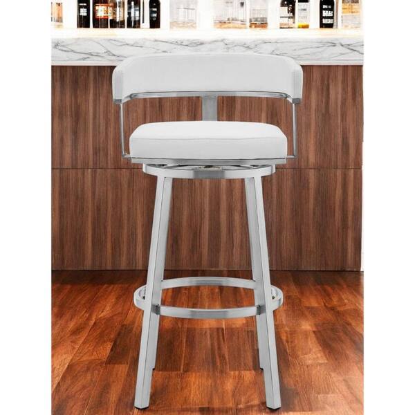 HomeRoots 30 in. White and Silver Low Back Metal Bar Stool Faux Leather Seat