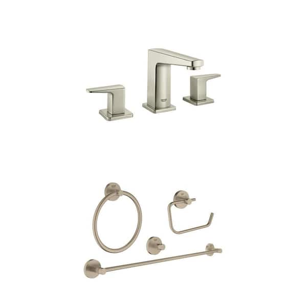 Essentials 4-Piece Bath Hardware Set and Tallinn 8 in. Widespread 2-Handle Bathroom Faucet in Brushed Nickel Finish