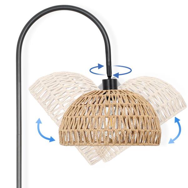 TOZING 62 in. Matte Black Retro 1-light Hemp Rope Arc Floor Lamp with 360° Rotation Rope Drum Shade Foot Switch for Living Room