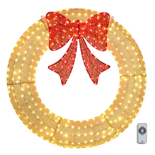 60 in. Gold Pre-Lit LED Outdoor Artificial Christmas Wreath with 400 Lights and Red Bow