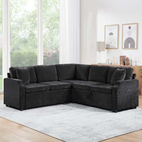 81.9 in. Slope Arm Chenille Sectional Sofa with a Sofa Sleeper and a Hidden Storage Compartment in Black