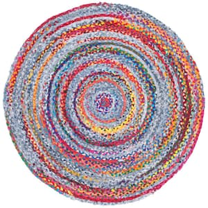 Braided Blue/Red 4 ft. x 4 ft. Round Geometric Area Rug