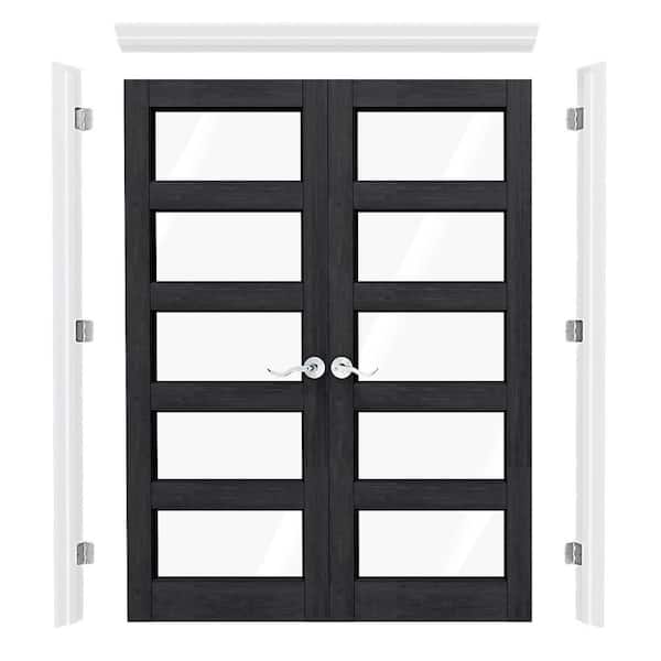 60 in. x 80 in. 5 Lite Clear Glass Universal Black PVC Covering Double Prehung French Door w/ Quick Assemble Jamb Handle