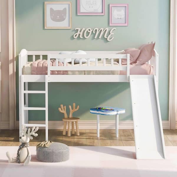 Twin size Loft Bed with Slide and Ladder, White
