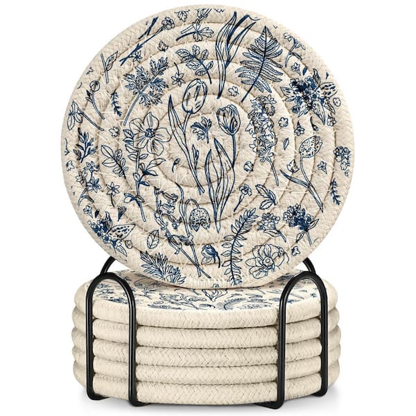 6-Piece Absorbent Cup Coaster Set with Holder, Woven Soft Cloth Braided Fabric, Farmhouse Rustic Style, Blue