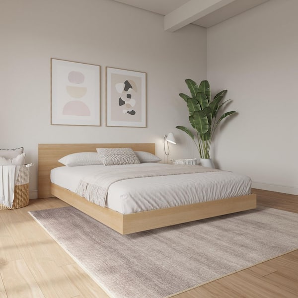 Satori Beige Natural Blonde Oak Frame King Size Low Profile Platform Bed with Headboard