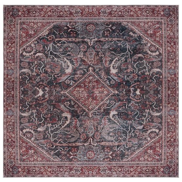 Tucson Dark Green/Rust 6 ft. x 6 ft. Machine Washable Distressed Border Floral Square Area Rug